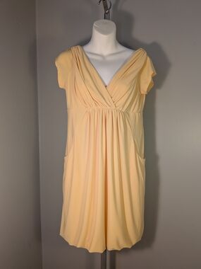 Vintage Essentials by A.B.S Yellow Draped V-Neck Bubble Dress w/ Pockets M